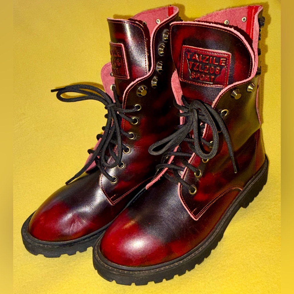 Red Leather Combat Boots - Women's Lace-Up Ankle Boot